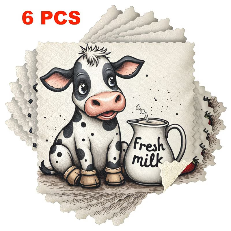 6-Pack Cartoon Cow Pattern Reusable Kitchen Dish Cloths