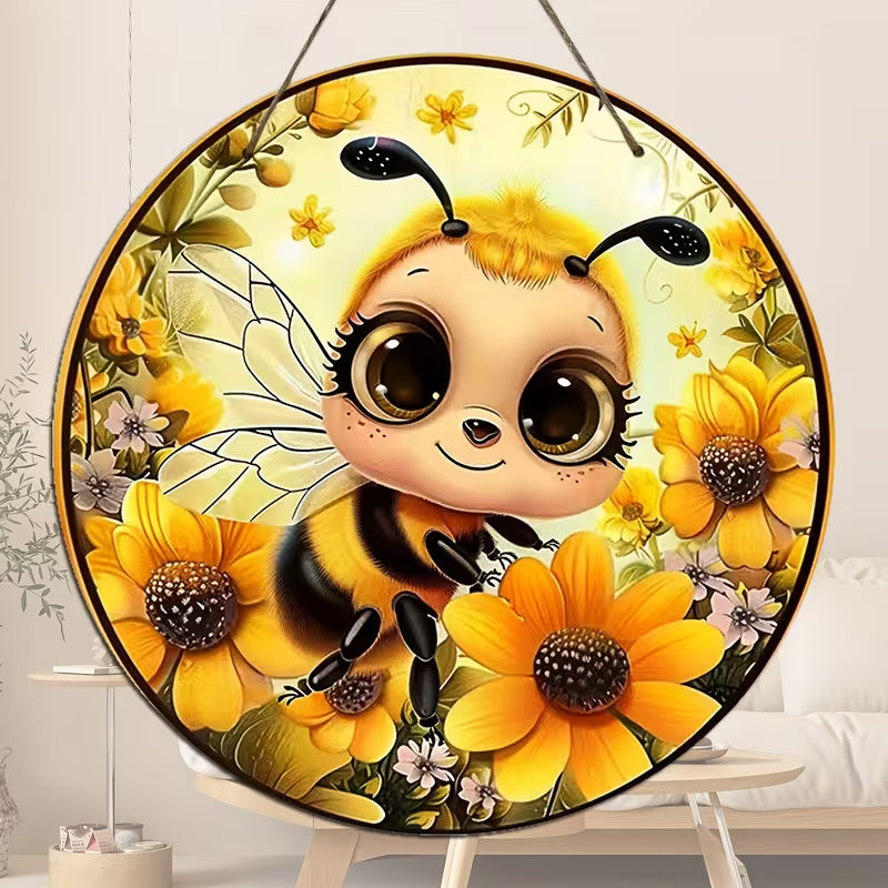 Wooden Decorative Cute Bee Collecting Nectar Hanging Decoration
