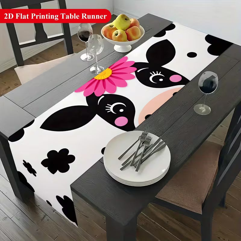 2D Flat Printing Table Runner, Cute Cow with Flowers