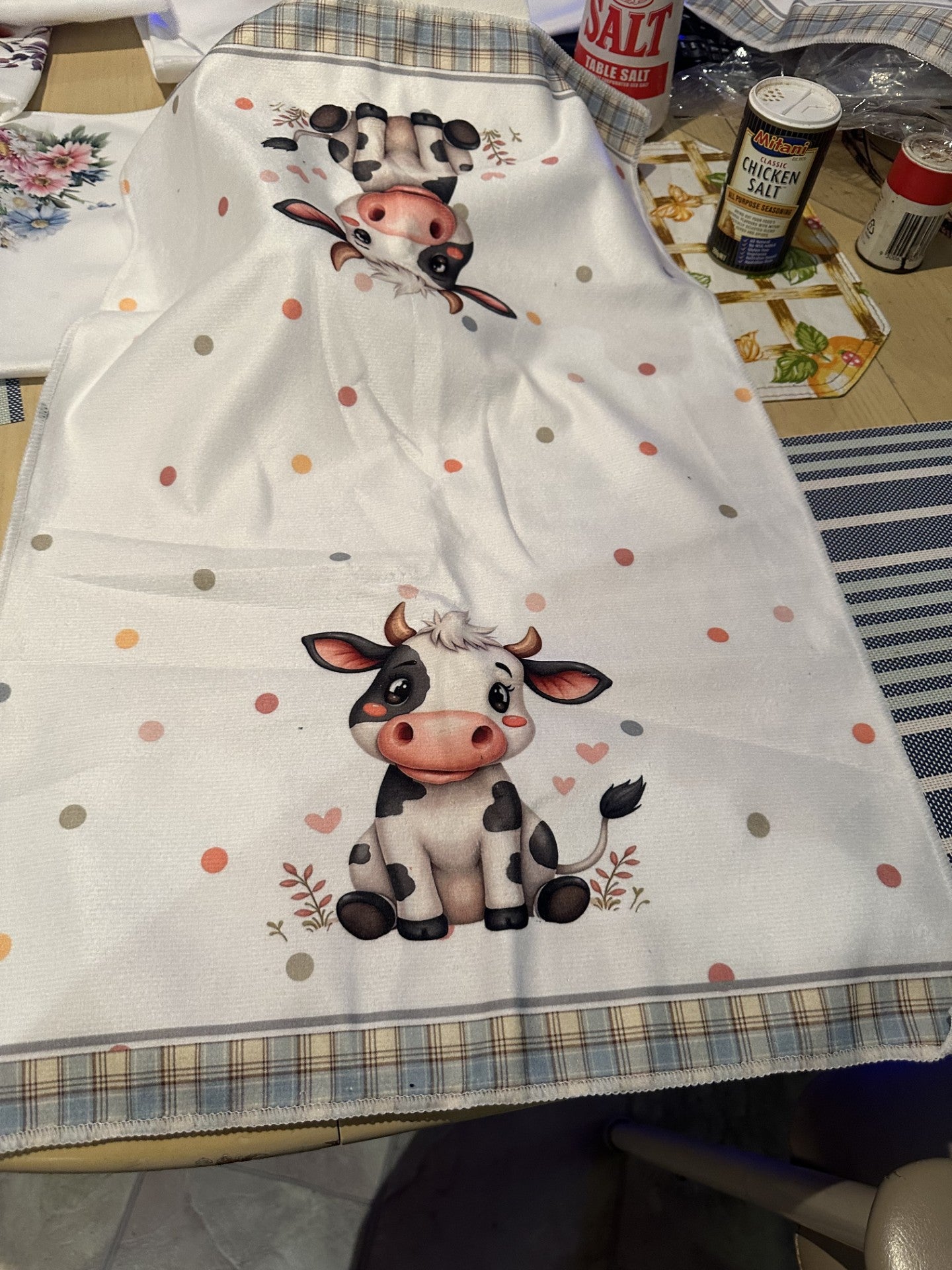 Cow-themed & Poka dotted tablecloth/tea towel - double ended