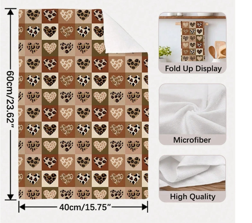 2pcs Patchwork Khaki Leopard & Hearts Handtowels