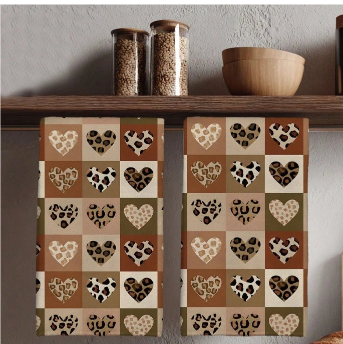 2pcs Patchwork Khaki Leopard & Hearts Handtowels