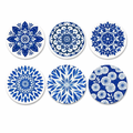 6pcs Blue & White Porcelain Mandala Flower Design Wooden Coasters