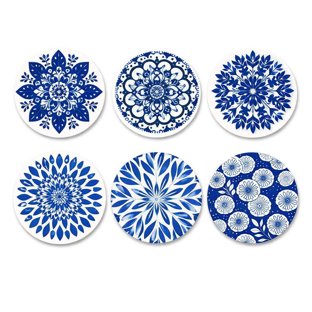 6pcs Blue & White Porcelain Mandala Flower Design Wooden Coasters