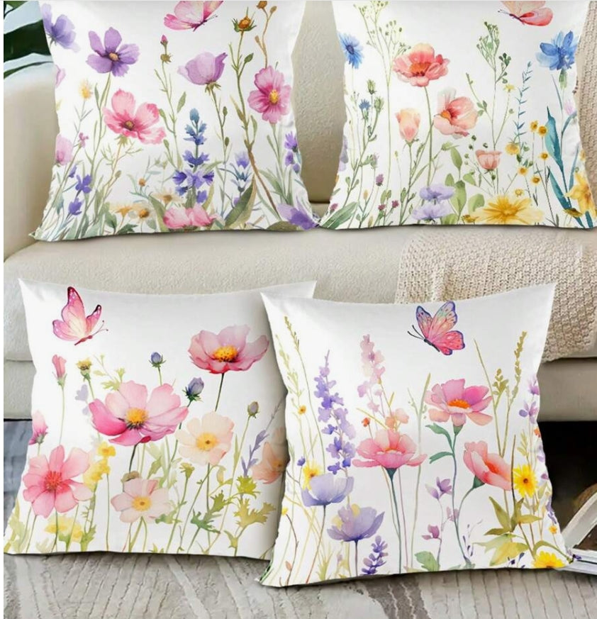 4pcs 45*45cm Wildflower Pattern Decorative Cushion Covers, Colorful Floral Design