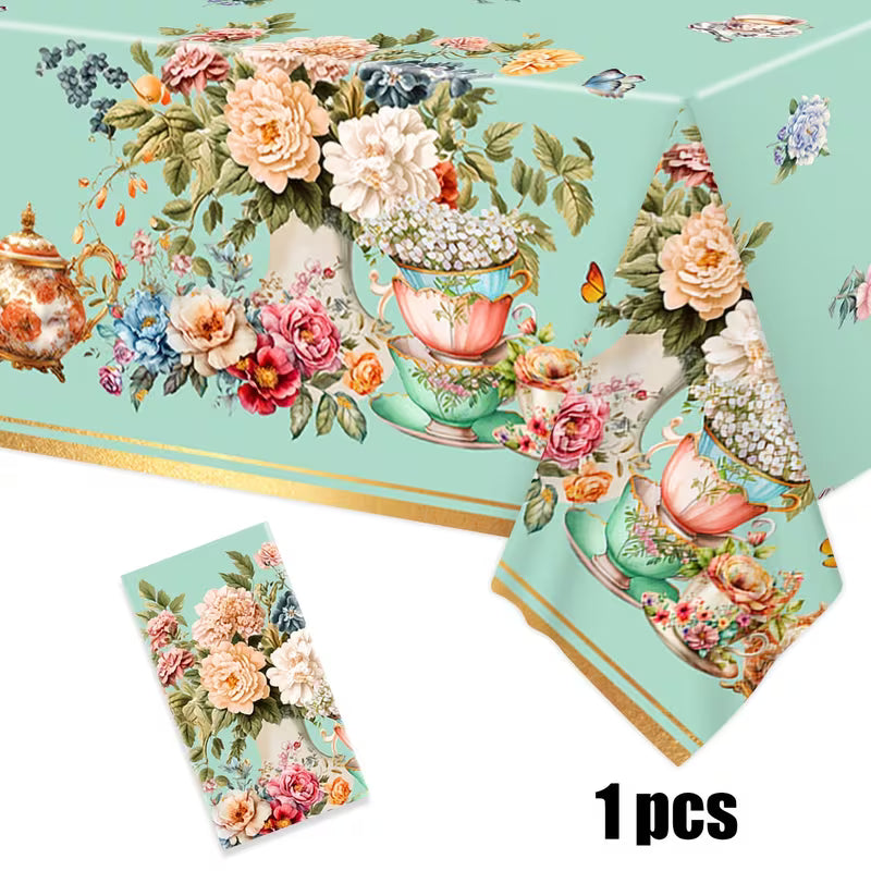 1pc, Tea Party Themed Tablecloth, Elegant Floral Tea Party