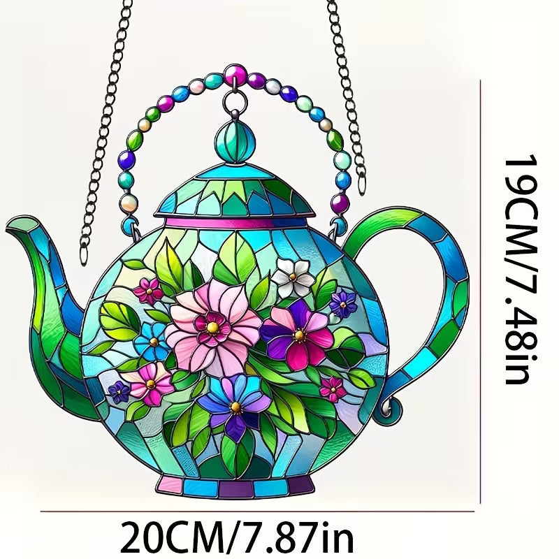 Whimsical Teapot-Shaped Stained Glass Suncatcher with Vibrant Floral Design