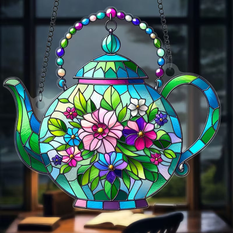 Whimsical Teapot-Shaped Stained Glass Suncatcher with Vibrant Floral Design