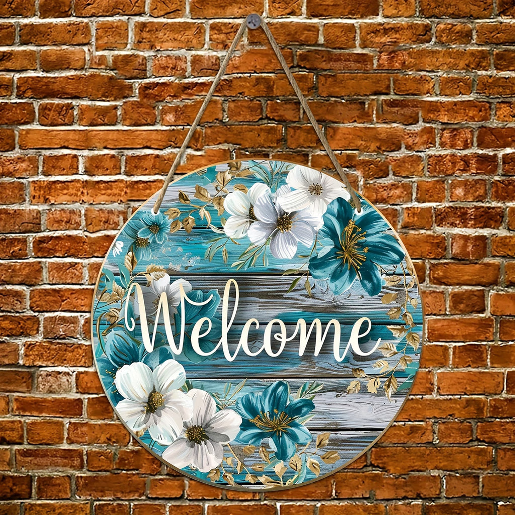 A Charming Round Wooden Welcome Sign Featuring Watercolor Floral Designs