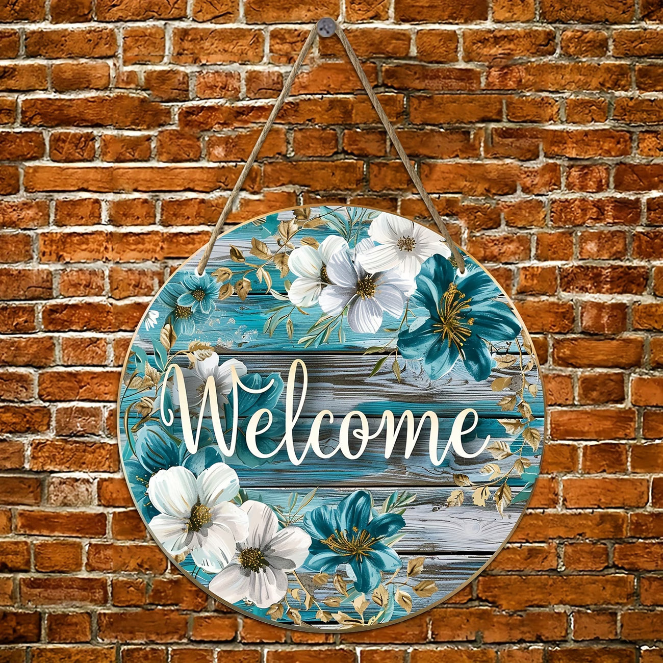 A Charming Round Wooden Welcome Sign Featuring Watercolor Floral Designs