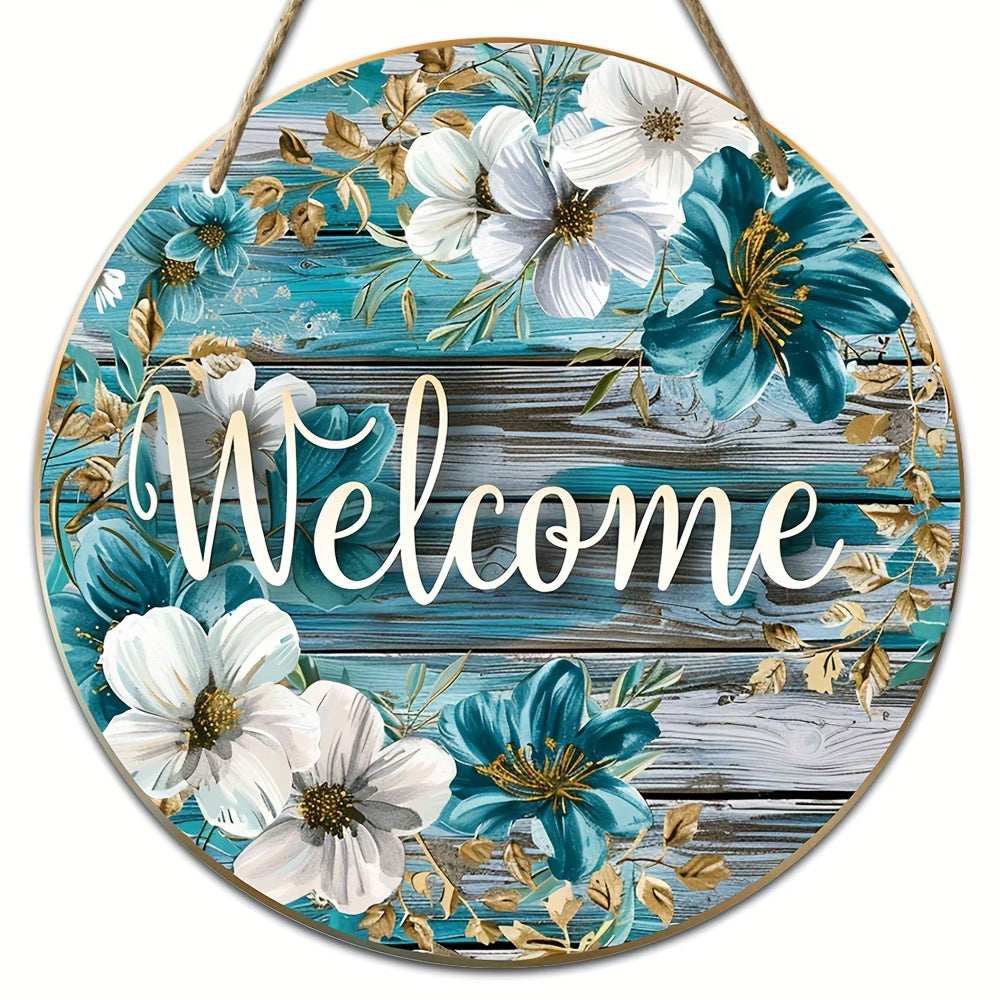 A Charming Round Wooden Welcome Sign Featuring Watercolor Floral Designs